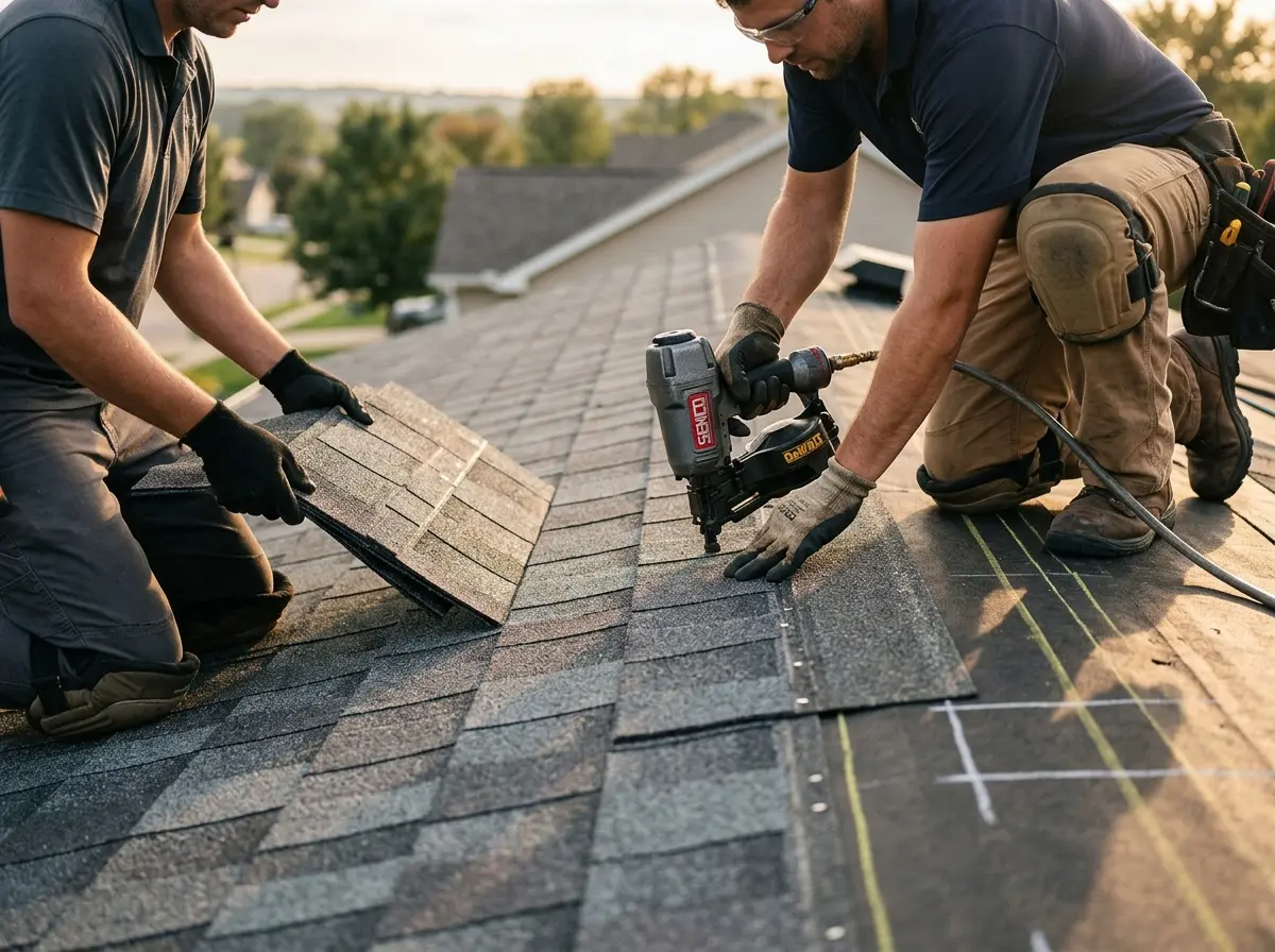 Professional roofer working on a residential roof in Seward